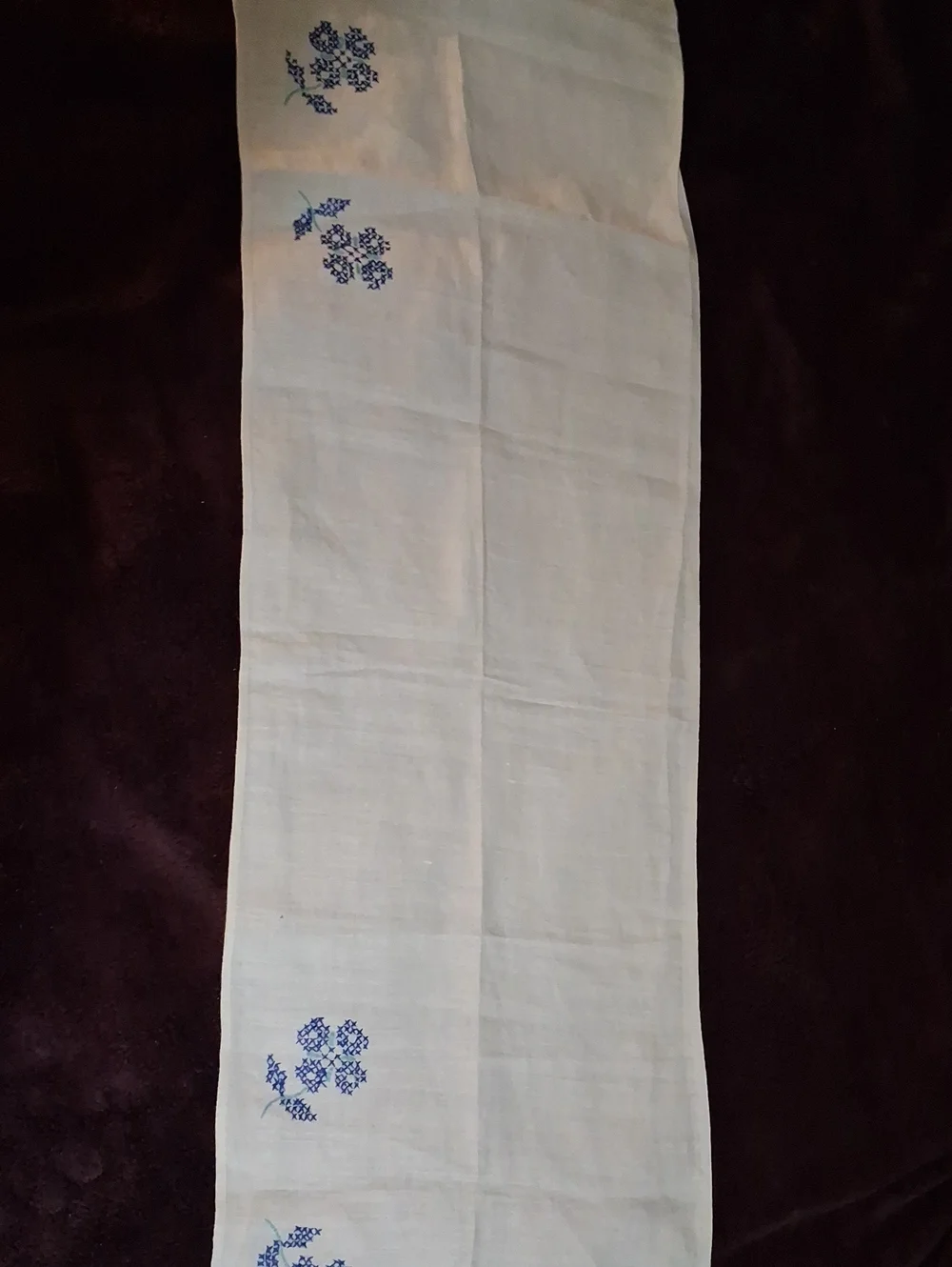 Embroidered White Linen Runner with Blue Floral Motif